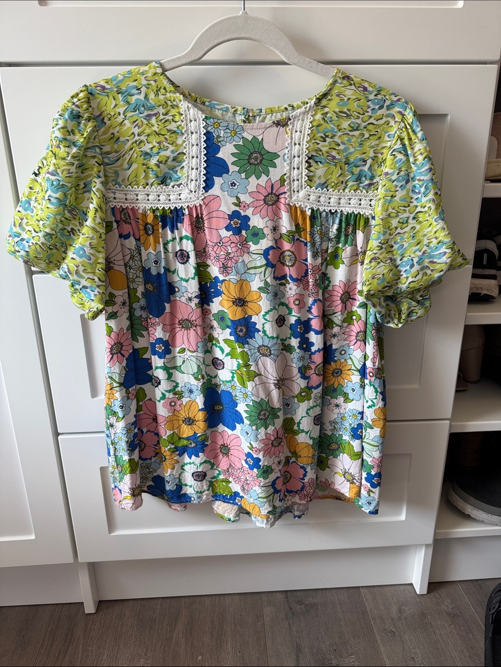 Colorful Floral Lace-Yoke Blouse - Multicolor